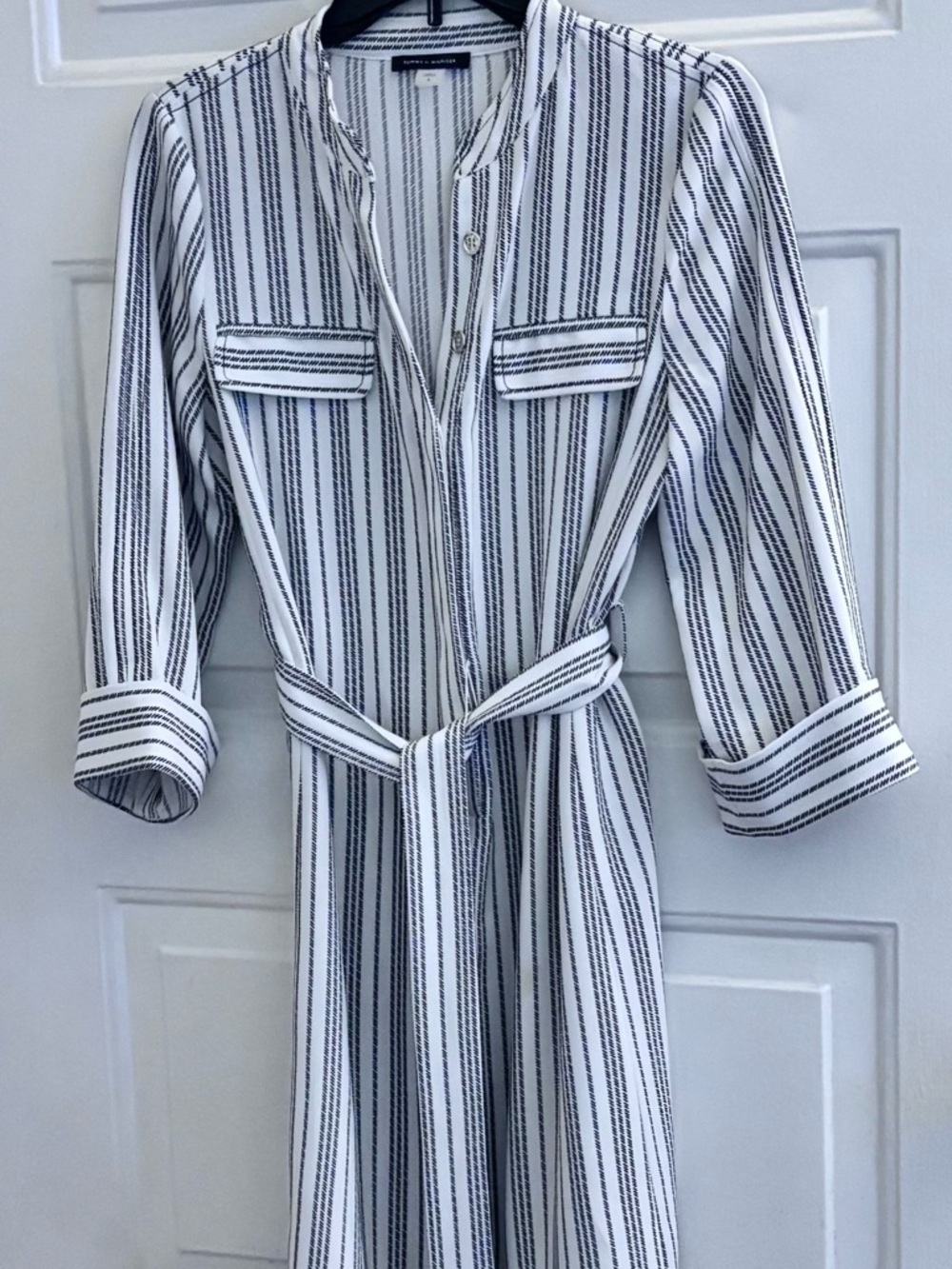 Tommy Hilfiger White and Black Striped Long Sleeve Shirt Dress